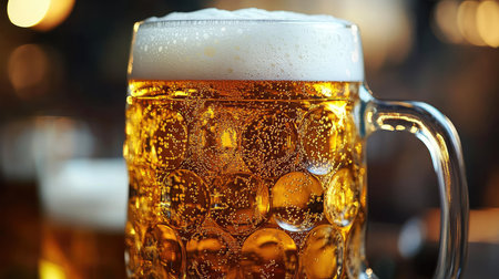Close-up of a beer mug filled with light beer, showing the crisp bubbles and foam.の素材