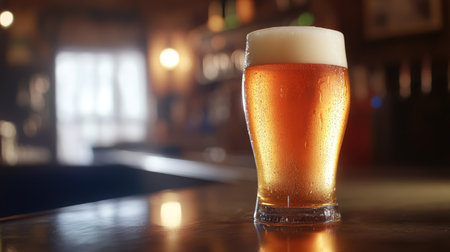 Close-up of a frosty pint of beer with golden hues, set on a polished bar counter.の素材