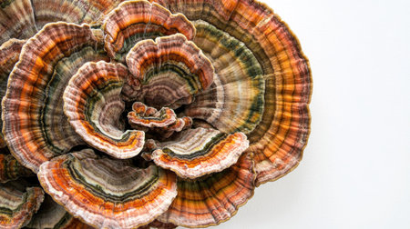 Close-up of a turkey tail mushroom cluster, with detailed textures and vibrant colors on a white background.の素材