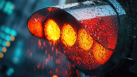 Close-up of a traffic light with rain droplets, showing the detailed texture and glow.の素材