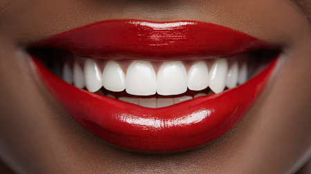 Close-up of a woman's mouth, showcasing her beautiful teeth and red lipstick.の素材