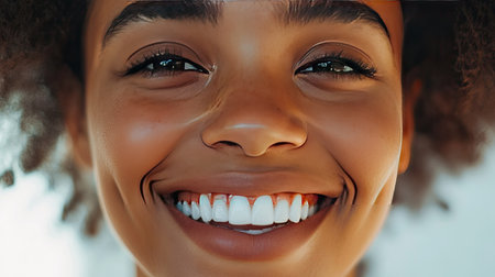 Close-up of a woman's face with a beaming smile, highlighting her perfect teeth.の素材