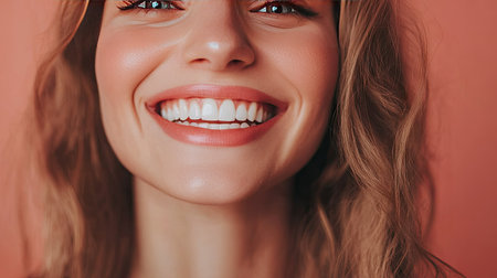 Close-up of a woman's perfect teeth as she smiles brightly in a studio shot.の素材