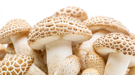 Close-up of the caps and stems of Matsutake mushrooms, showing their natural patterns on a white background.の素材