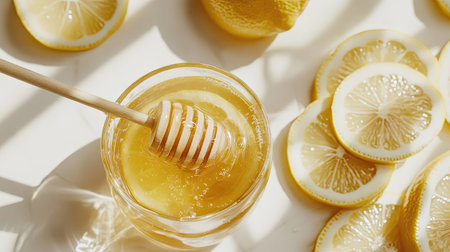 Close-up of honey lemon juice with a honey dipper and lemon slices, set on a clean whiteの素材