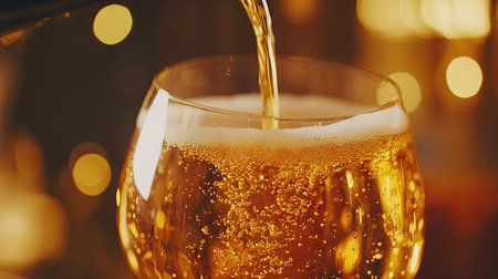 Detailed shot of light beer being poured into a glass, with a focus on the golden liquid.の素材