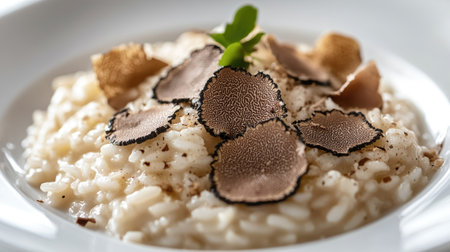 Close-up of truffle mushrooms shaved over a creamy risotto on a white plate, with a white background.の素材