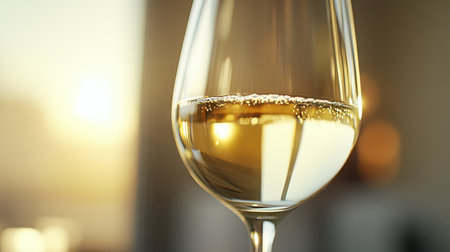 Detailed shot of a wine glass with white wine, showing the light color and clarity.の素材