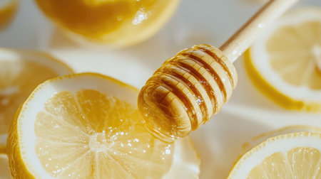 Close-up of honey lemon juice with a honey dipper and lemon slices, set on a clean whiteの素材