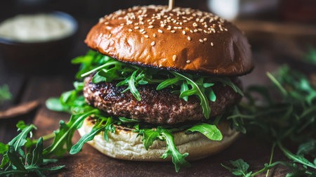 Close-up top view of a truffle burger with a generous layer of truffle mayo and fresh arugula.の素材