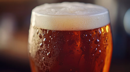 Detailed shot of a pint glass filled with amber beer and a thick, foamy head.の素材