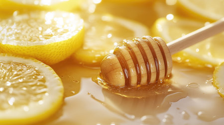 Close-up of honey lemon juice with a honey dipper and lemon slices, set on a clean whiteの素材