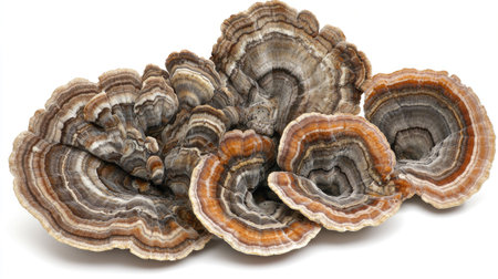 Detailed view of a cluster of turkey tail mushrooms, with their unique shapes highlighted against a white background.の素材