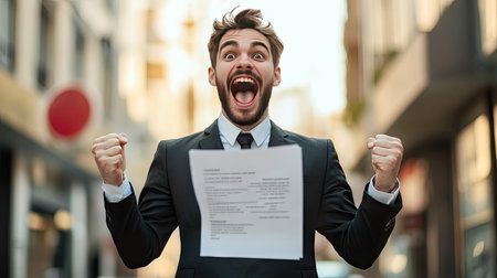 Excited young businessman holding a contract, about to sign a new partnership deal.の素材