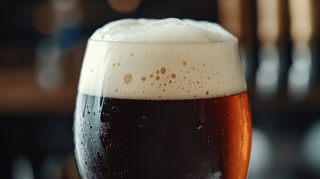 Detailed view of a beer glass with a dark ale and a creamy, frothy head.の素材