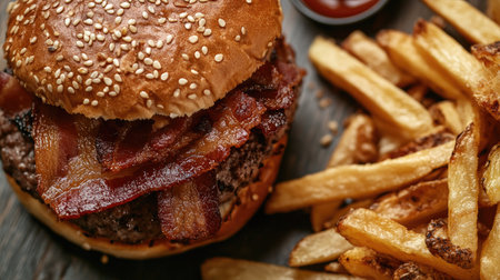 Close-up top view of a truffle burger with crispy bacon and a sesame seed bun, served with fries.の素材