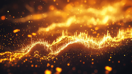 Detailed view of a gold market graph with fluctuating lines on a dark background.の素材
