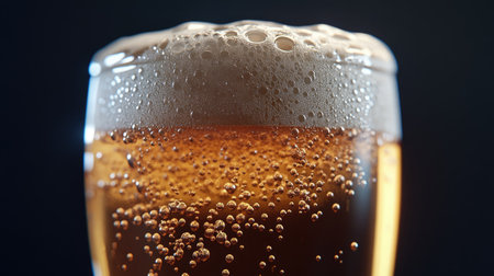 Detailed view of a light beer glass with bubbles rising and a frothy top.の素材