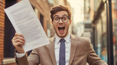 Excited young businessman holding a contract, about to sign a new partnership deal.の素材