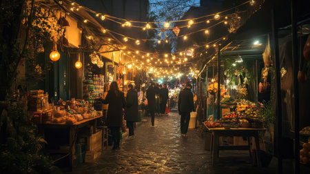 Festival street lights creating a magical ambiance, with vendors and visitors.の素材