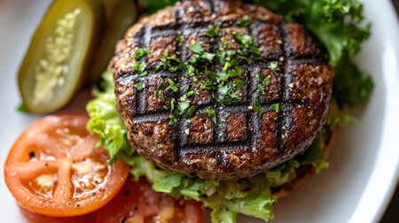 Close-up top view of a truffle burger with fresh tomato slices and lettuce, served with a pickle.の素材