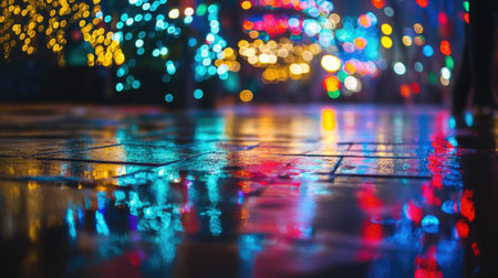 Festival lights reflecting on wet pavement after a light rain.の素材