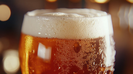 Detailed view of a glass of beer with a perfect head, showing the clarity and sparkle.の素材