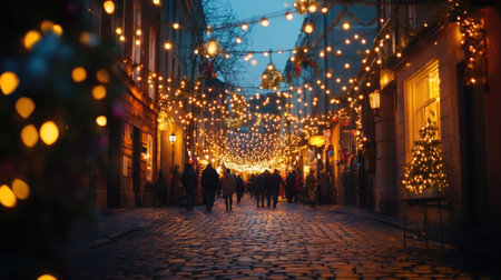 Festival lights illuminating a cobblestone street, with people enjoying the atmosphere.の素材