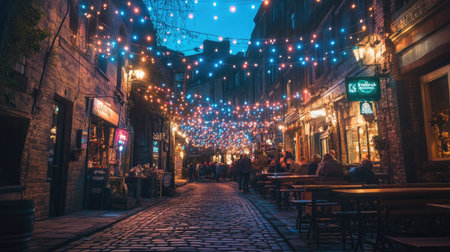 Festival lights illuminating a cobblestone street, with people enjoying the atmosphere.の素材
