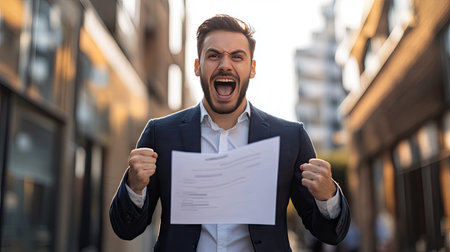 Excited young businessman holding a contract, about to sign a new partnership deal.の素材