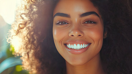 Happy woman with perfect teeth smiling brightly in a professional setting.の素材