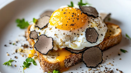 Fresh truffle mushrooms shaved over a poached egg on toast, with vibrant colors and a white background.の素材
