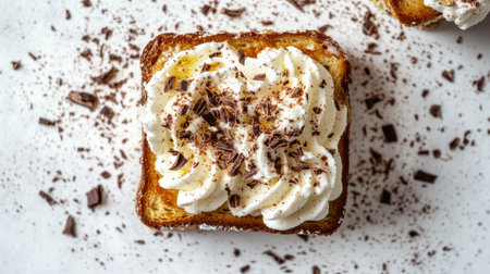 Honey toast topped with whipped cream and chocolate shavings, photographed from above on a white background.の素材