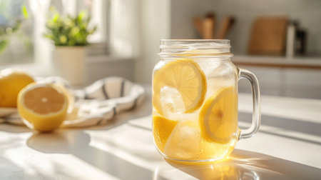 Honey lemon juice with ice cubes in a mason jar, on a whiteの素材