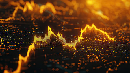 High-resolution close-up of a gold market chart with various trend lines and data points.の素材