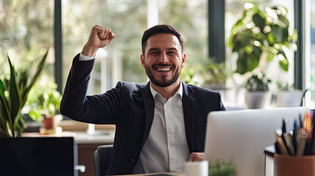 Newly established businessman celebrating a successful deal with a fist pump in the office.の素材