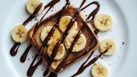 Honey toast with a drizzle of chocolate sauce and fresh banana slices, photographed from above on a white background.の素材