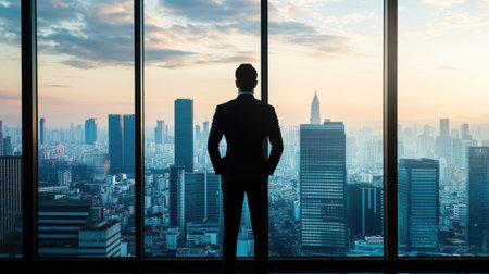 Newly established professional standing in front of a large window, confidently looking at the cityscape.の素材