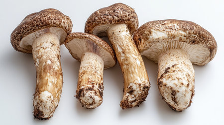 Matsutake mushrooms displayed in an artistic arrangement, highlighting their unique features on a white background.の素材