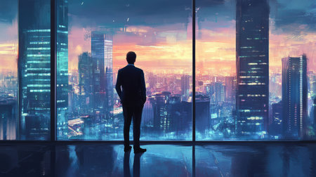 Newly established professional standing in front of a large window, confidently looking at the cityscape.の素材