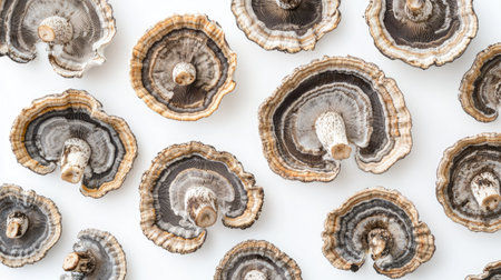 Organic turkey tail mushrooms arranged artistically, focusing on their intricate details on a white background.の素材