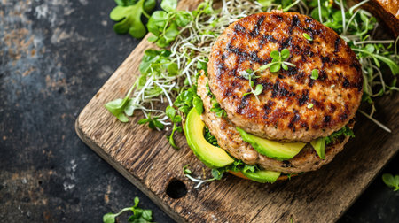 Top view of a turkey burger with avocado slices and sprouts, on a wooden board. -の素材