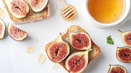 Top view of honey toast with fresh figs and a drizzle of honey, set against a white background.の素材