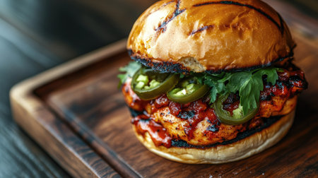 Top view of a spicy chicken burger with jalape and a toasted bun on a wooden board.の素材