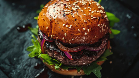 Top view of a juicy truffle burger with caramelized onions and a toasted brioche bun.の素材