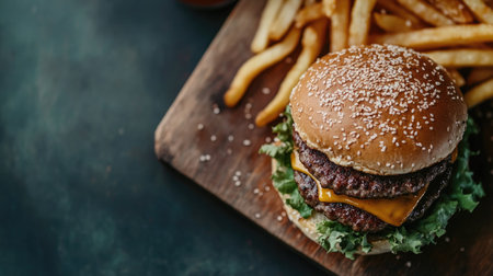 Top view of a double-patty burger with crispy fries on a wooden platter.の素材