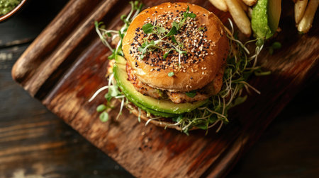 Top view of a turkey burger with avocado slices and sprouts, on a wooden board. -の素材