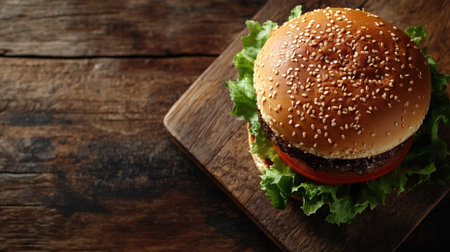 Top view of a juicy cheeseburger with lettuce, tomato, and a sesame bun on a wooden boardの素材