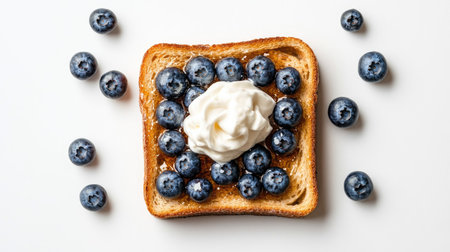 Top view of honey toast with blueberries and a dollop of whipped cream, set against a white background.の素材