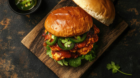 Top view of a spicy chicken burger with jalape and a toasted bun on a wooden board.の素材